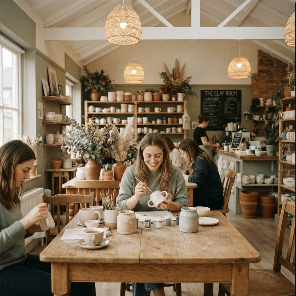 The cozy interior of the pottery café