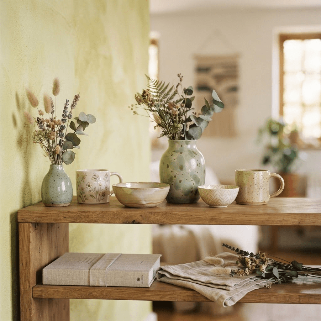 A curated shelf of hand-painted ceramics